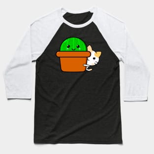 Cute Kawaii cat peeking out behind cactus Baseball T-Shirt